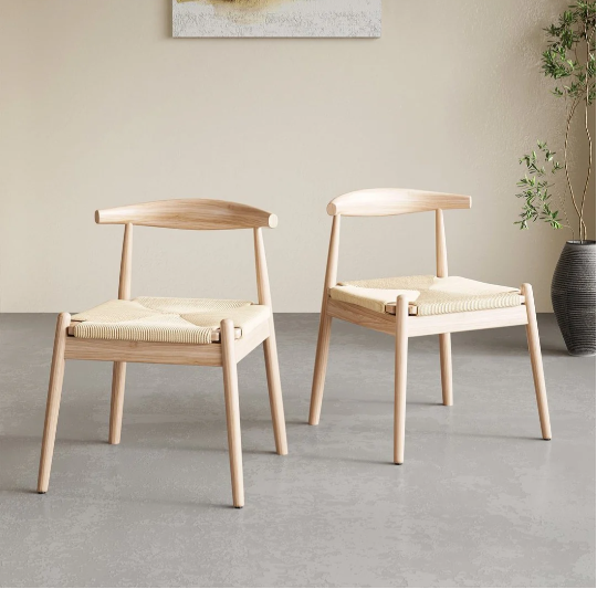 Weave Dining Chairs Set Of 2 - Stylish Mid-Century Modern Oak Frame & Handwoven Seat
