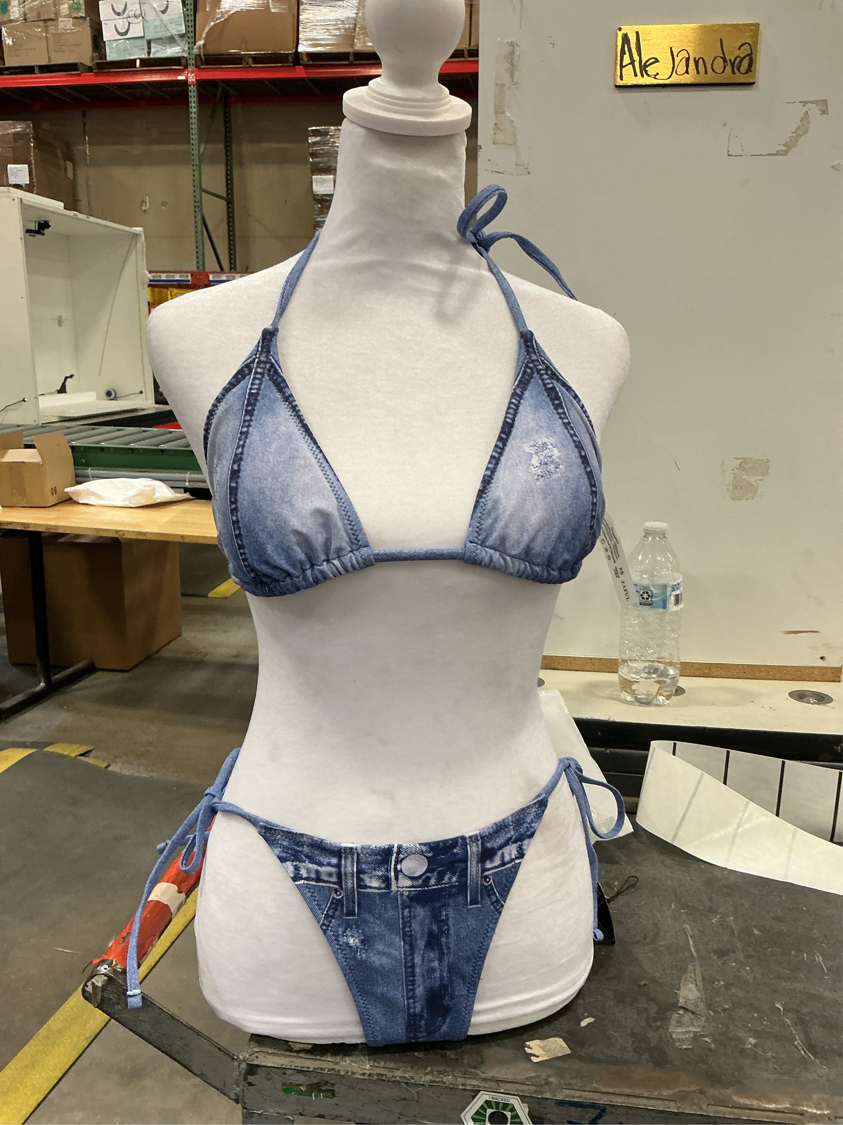 EXTRA SMALL ZAFUL Bikini Sets for Women Denim Print Halter Neck Two Piece Swimsuits Sexy Open Back Triangle High Cut Thong Bathing Suit