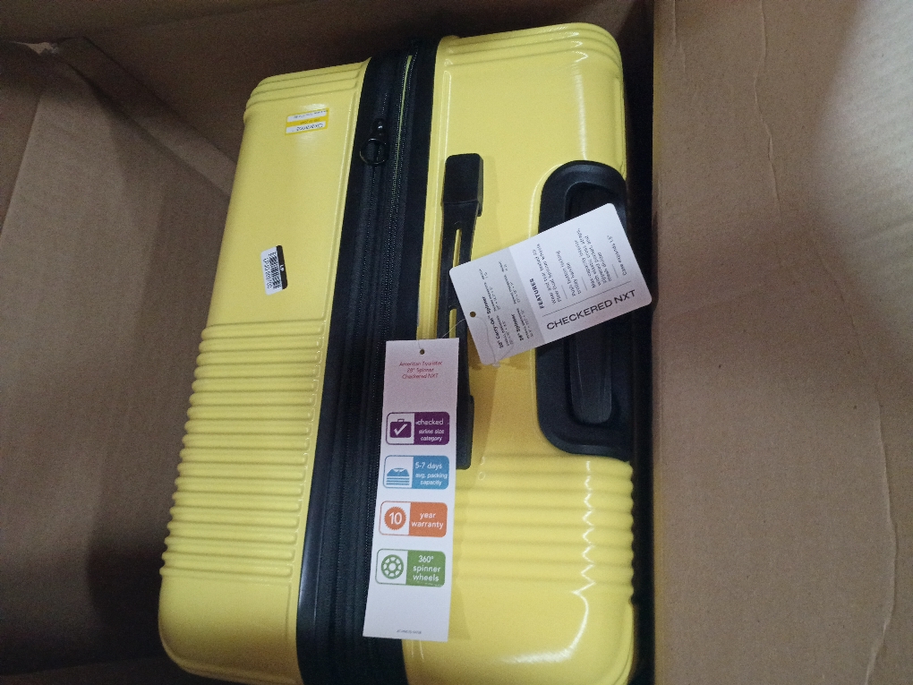 American Tourister NXT Hardside Large Checked Spinner Suitcase - Yellow: 8-Wheel Durable ABS