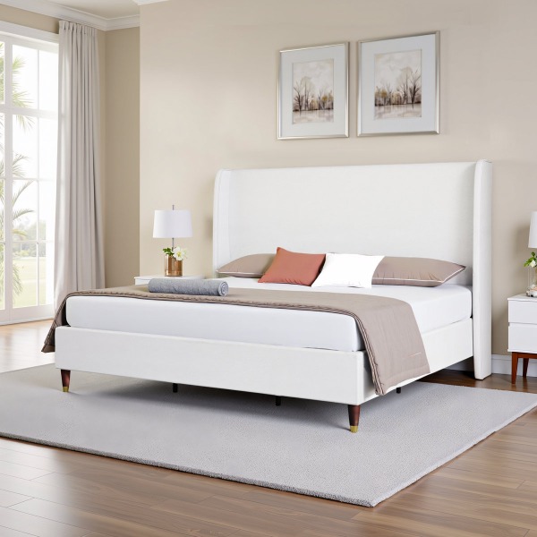 Belo Upholstered King Platform White Bed