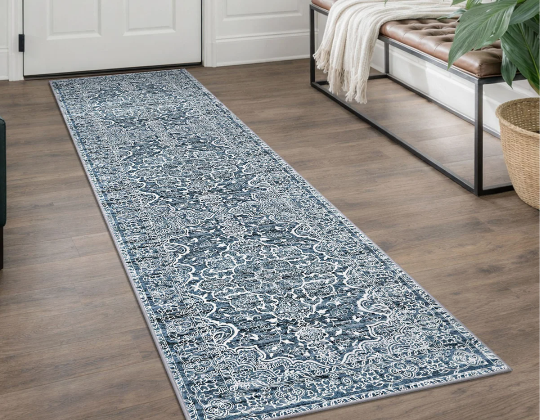Area Rug Machine Washable Rugs with Rubber Backing for Living Room Blue and White
