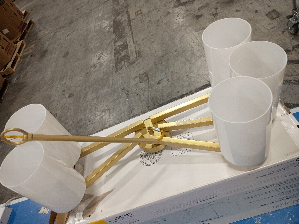 3 Light, Uplight, Chandelier, New Age Brass Finish, 4 White Muslin Glass