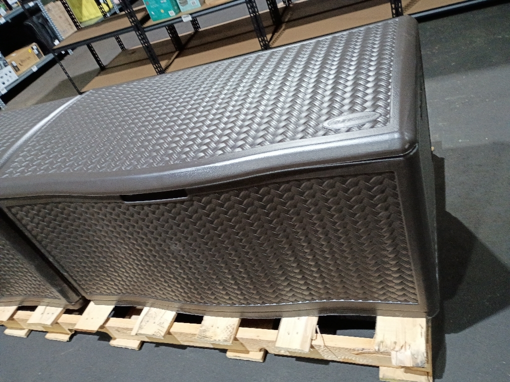 Suncast Extra Large Deck Box - 124 Gallon Resin Outdoor Storage Box with Lockable Lid for Outdoor Cushion Storage, & Garden Gear, Stoney Grey Wicker Bin for Patio, Porch, Pool, & Yard