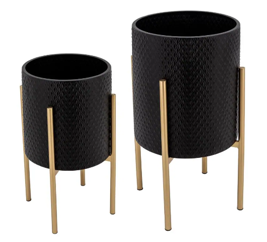 Small and Large Black Metal/Iron Textured Decorative Planters with Stand