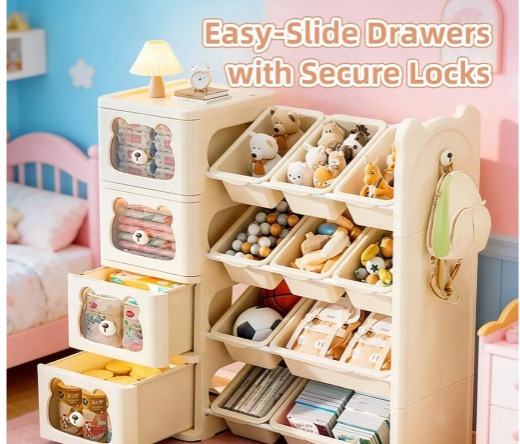 Children's Toy Storage Organizer with 3 Drawers and 7 Bins, Large Kids Toy Chests, Removable Kids Storage Bins Bookshelf, Bear Shape Children's Storage Rack, Toy Organization for Kids' Playroom