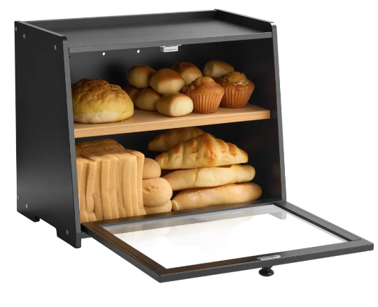 VEVOR Double Layer Bread Box for Kitchen Counter, Large Capacity Bamboo Bread Storage Container Black