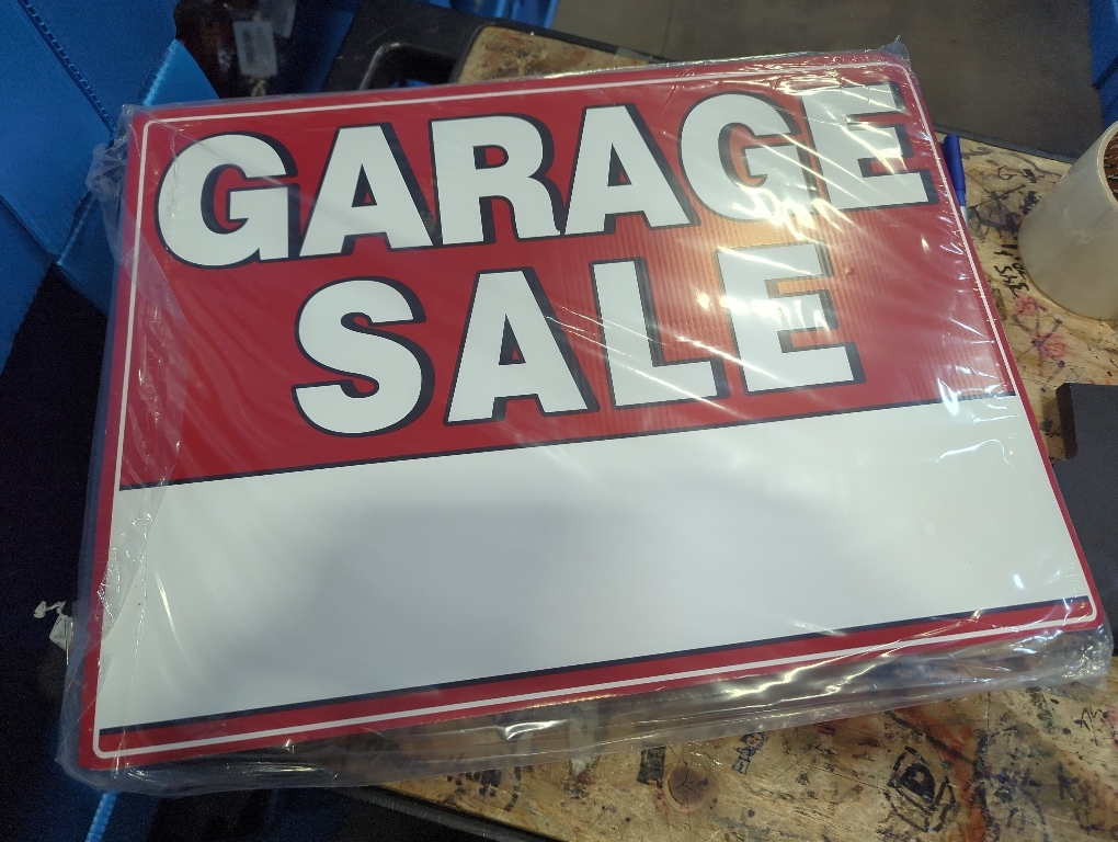 Garage Sale Sign, 17 x 13 Double-Sided With Stakes and Arrow Stickers - Weather-Proof (3 Pack)