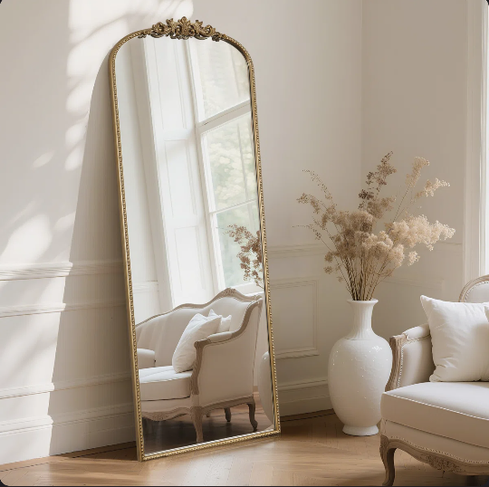 BEAUTYPEAK Large Arched Full Length Mirror Metal Vintage Mirror Baroque Style,Antique Gold