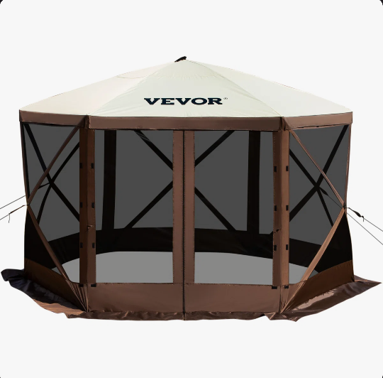 Vevor Brown and Tan Gazebo Screen Tent, 6 Sided Pop-up Camping Canopy Shelter Tent with Mesh Windows, Portable Carry Bag, Ground Stakes