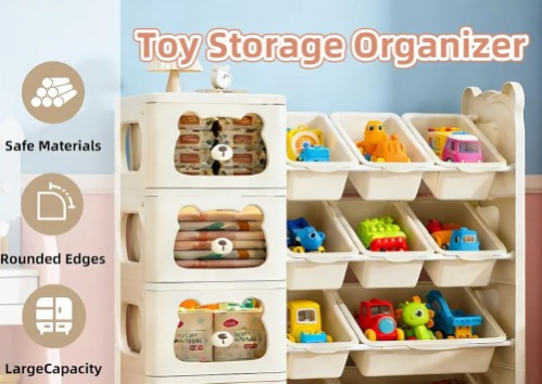 Children's Toy Storage Organizer with 3 Drawers and 7 Bins, Large Kids Toy Chests, Removable Kids Storage Bins Bookshelf, Bear Shape Children's Storage Rack, Toy Organization for Kids' Playroom
