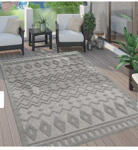 Indoor & Outdoor Rug With High-Low Geometric Trellis Pattern Gray