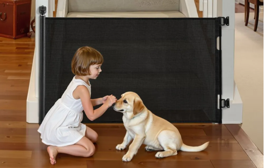 VEVOR Retractable Baby Gate, Tall, with Security Lock, Easy to Use, Walk Through Without Tripping, Mesh Dog Gate for Stairs, Hallways, Indoor/Outdoor, Black