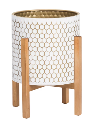 Honeycomb Mid-Century Modern Indoor Metal Pot Planter with 4-Leg Wood Base
