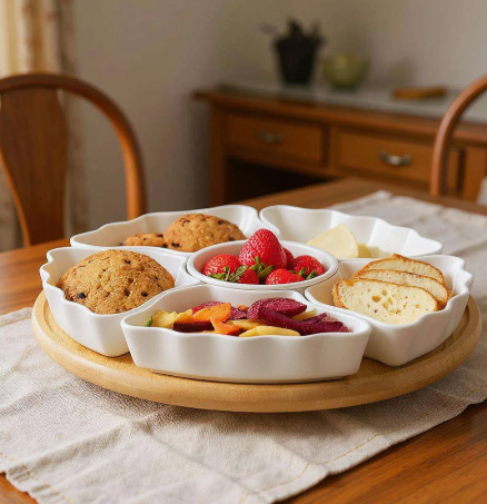 Rotating Flower Shape Serving Tray 7pc Set, White And Natural
