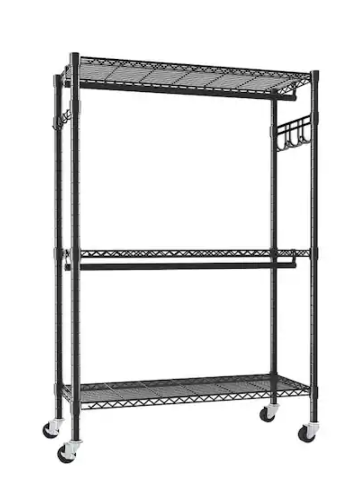 Clothes Rack with Wheels 3 Tiers Adjustable Shelving with 2 Clothes Rails and Side Hooks