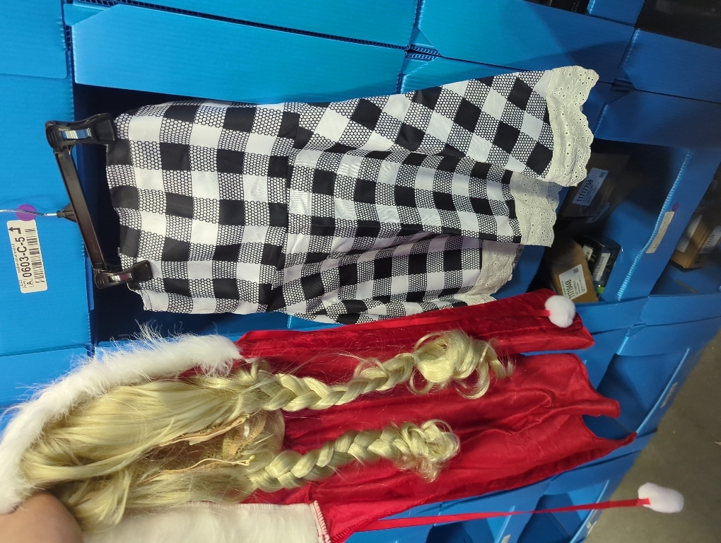 Size S7Pack Christmas Red Costume Kids Girls Christmas Dress with Wig Long Blonde Braid with Red Beads Necklace Bow