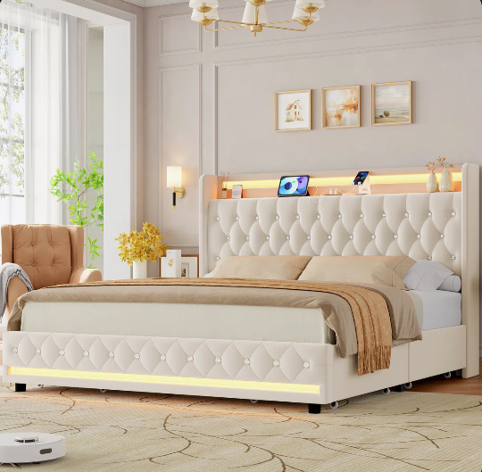 Full White Glastonbury Velvet Upholstered Wingback Storage Bed with LED Lights