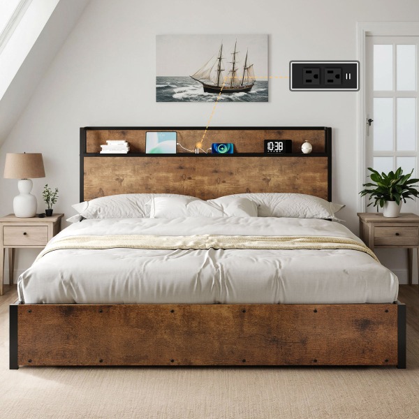 Size king Color brown Lift Up Storage King Bed Frame & Charging Station, Rustic Brown