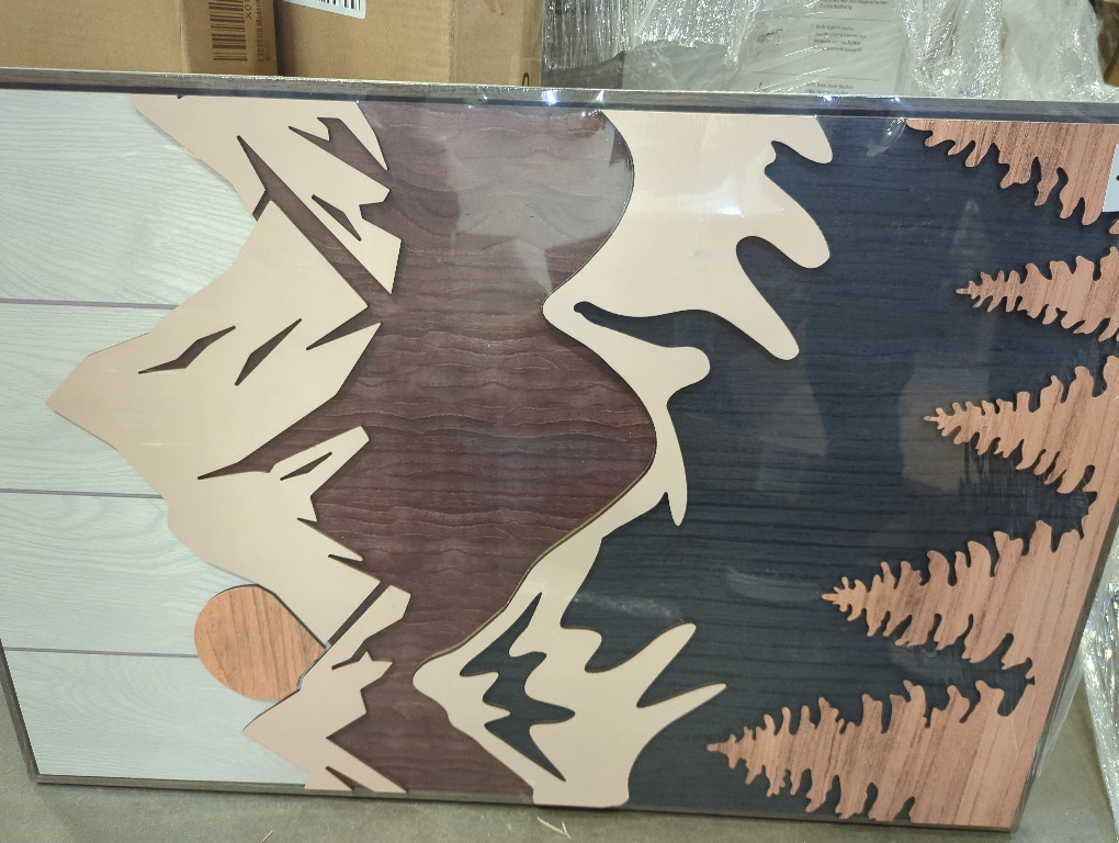 Framed Textured Wood Mountain Wall Art for Living Room, Large 3 Piece 3D Wood Farmhouse Artwork for Walls, Boho Landscape Mountain Forest Sun Wall Art Decor for Bedroom Office Hallway, 24x36 Inch