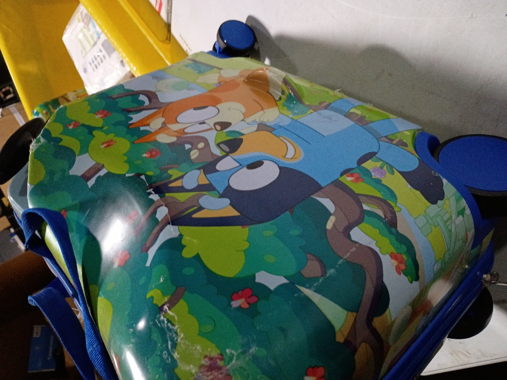 Bluey Checked Hardside Ride on Luggage - Bluey, ( missing belt and scratch )