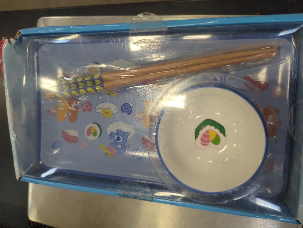 Silver Buffalo Care Bears Featuring Grumpy, Tenderheart, and Friend Bear Ramen Blue Ceramic Sushi Set with Dipping Sauce Dish and Matching Chopsticks