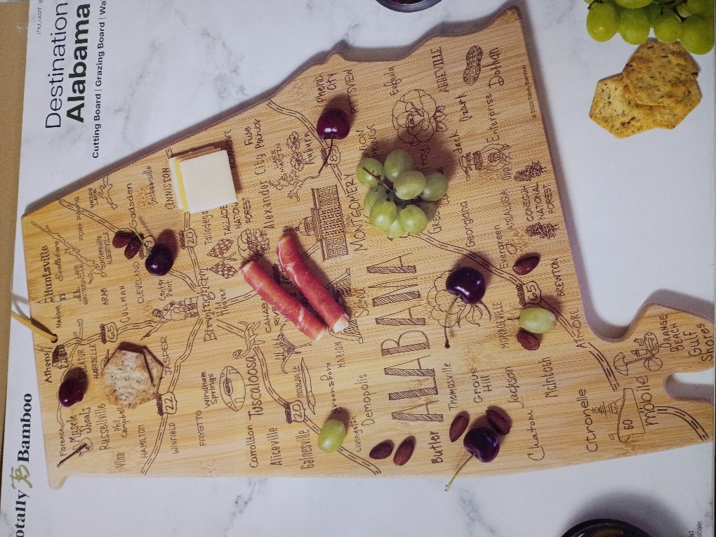 Totally Bamboo Destination Alabama Shaped Cutting Board – Bamboo Charcuterie and Serving Board with Hang Tie for Wall Display