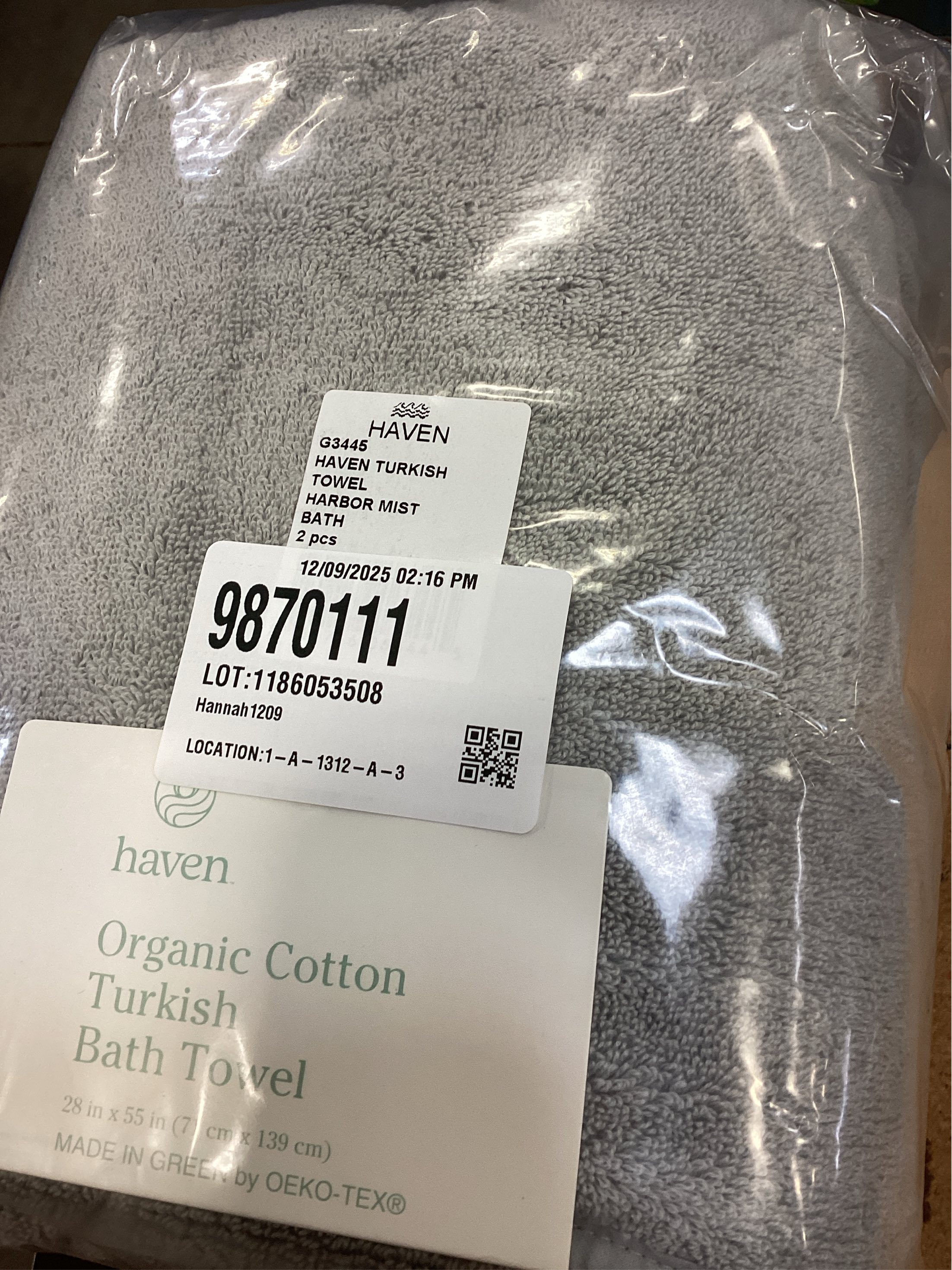 Haven Turkish Cotton Bath Towel in Harbor Mist Grey 2 PACK