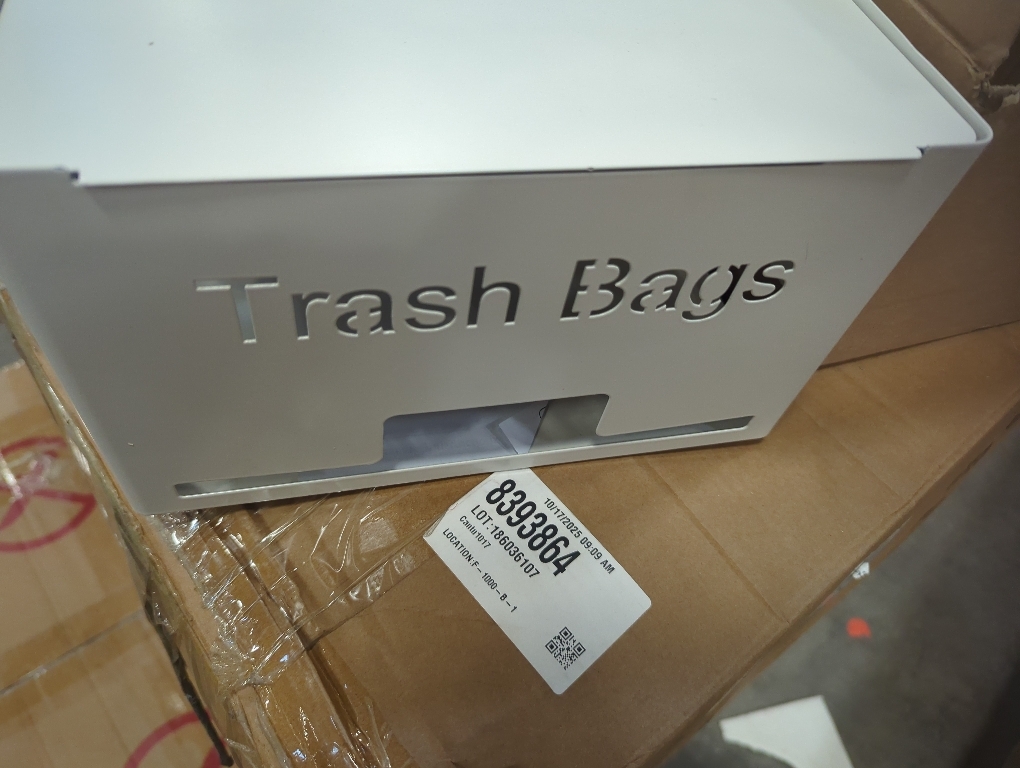 Size Large Trash Bag Holder Dispenser, Metal Garbage Bag Dispenser Roll Holder, Kitchen Trash Storage Organizer for Under Sink, Wall Mounted or Countertop, White