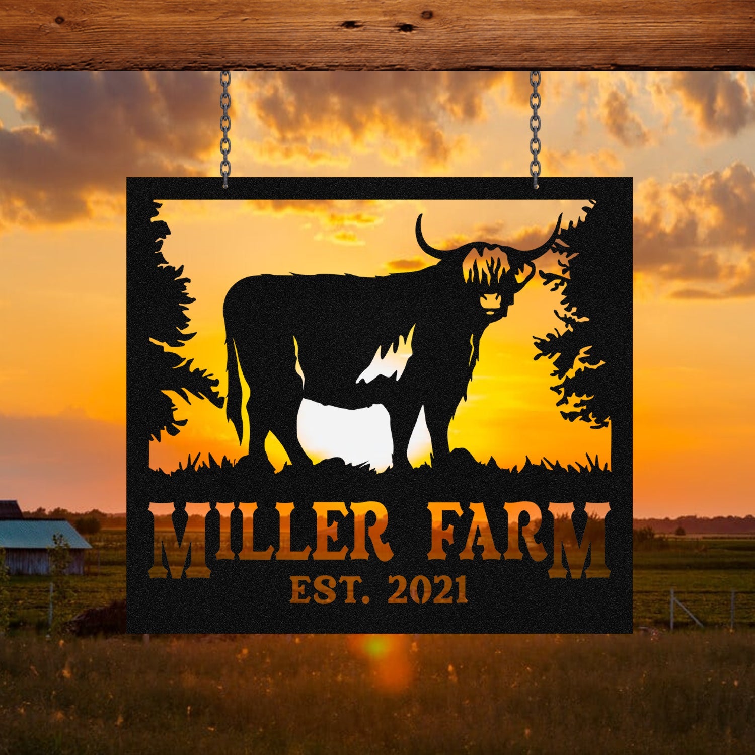 Personalized Metal Farm Sign Highland Cow Monogram, Custom Outdoor Farmhouse