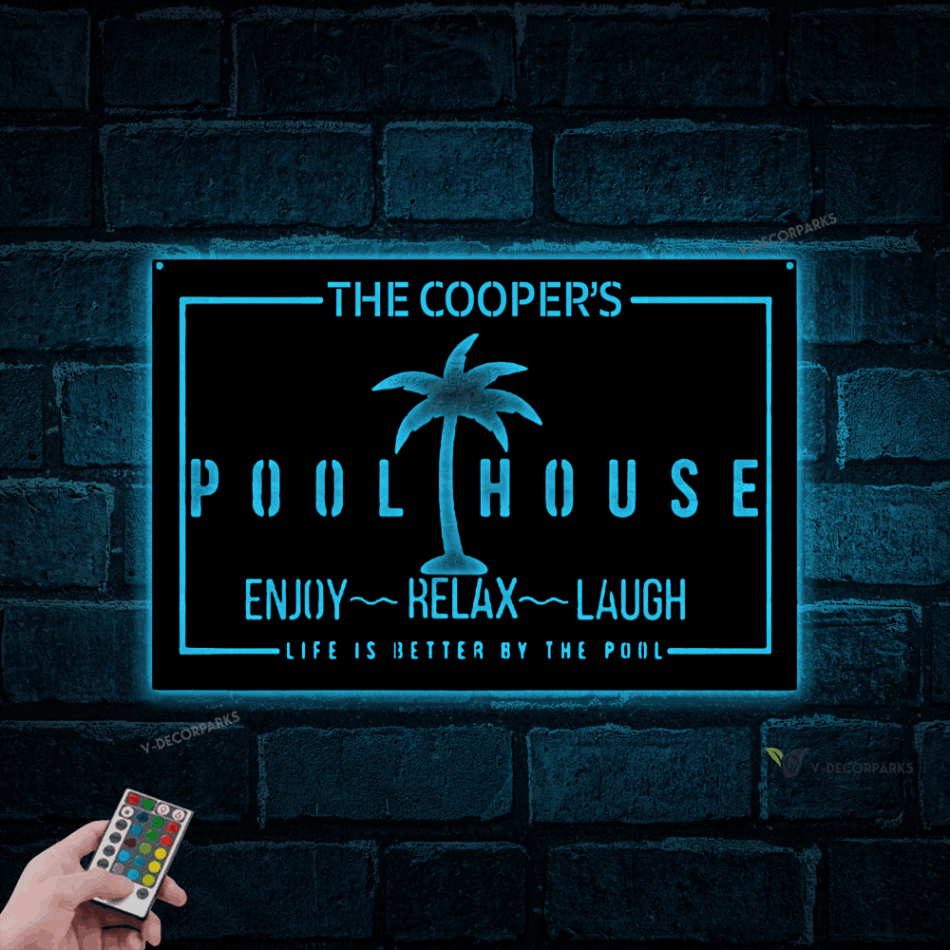Personalized Metal Poolside Led Lights Sign, Metal Swimming Pool Sign