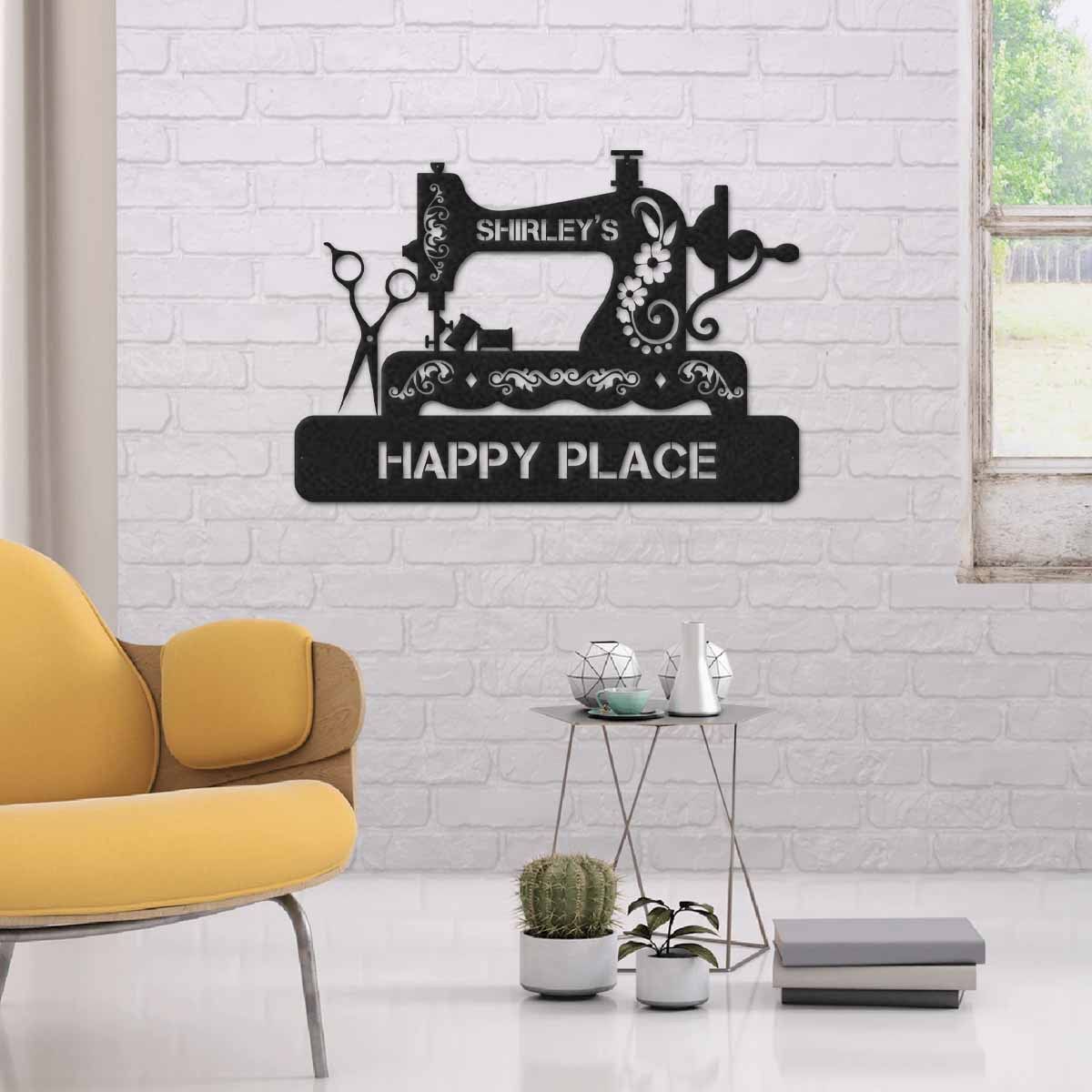 Personalized Sewing Machine Happy Place Metal Sign Art, Cut Metal Sign