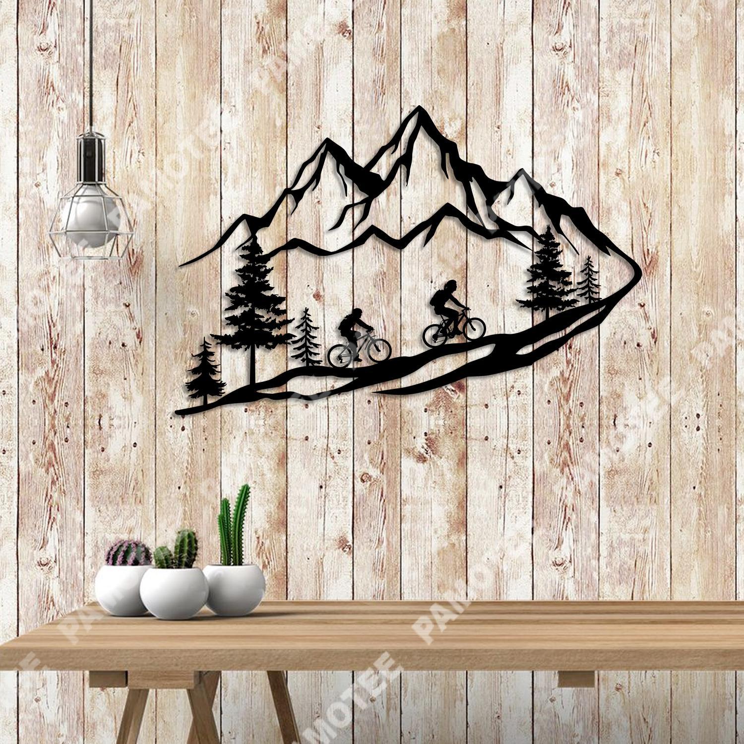 Mountain Couple Cycling Metal Art, Valentines Day Gift For Cyclist