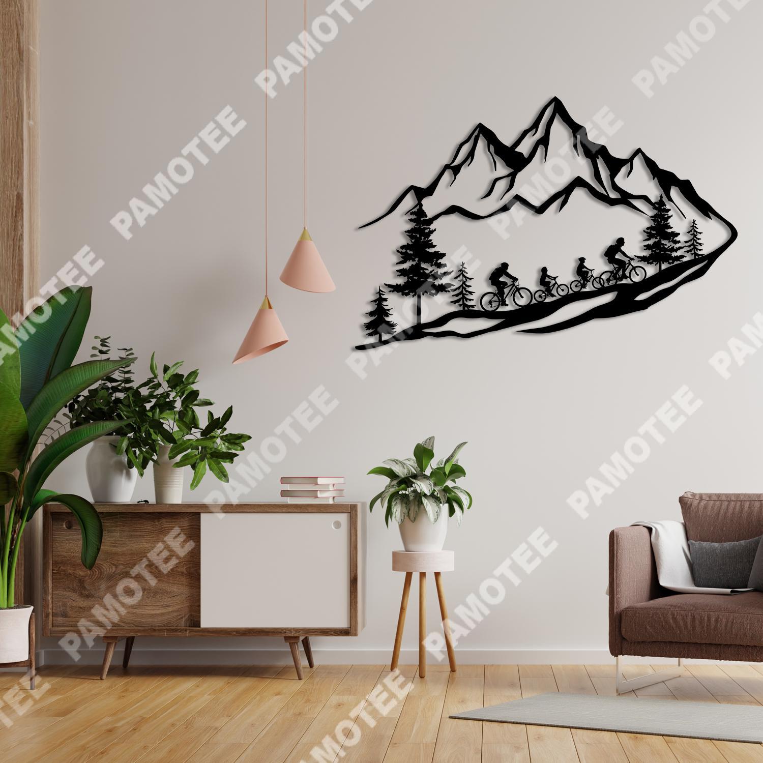 Husband, Wife And Two Children Cycling Mountain Steel Wall Art, Metal