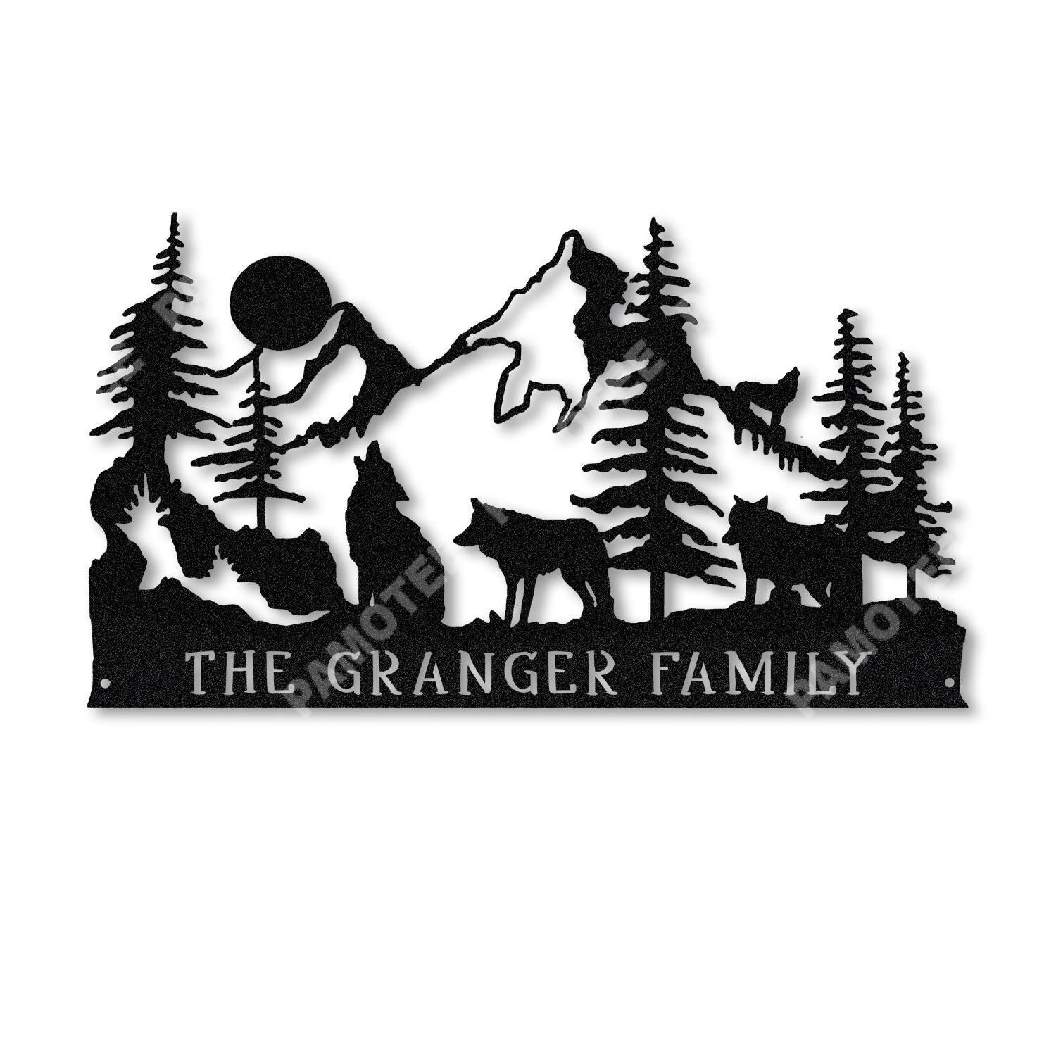 Personalized Howling Wolf And Mountain Forrest Metal Sign, Cabin Decor