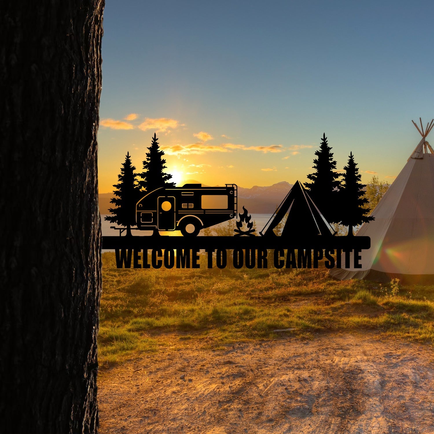 Custom Camper Camping Metal Tree Stake, Steel Wildlife Art