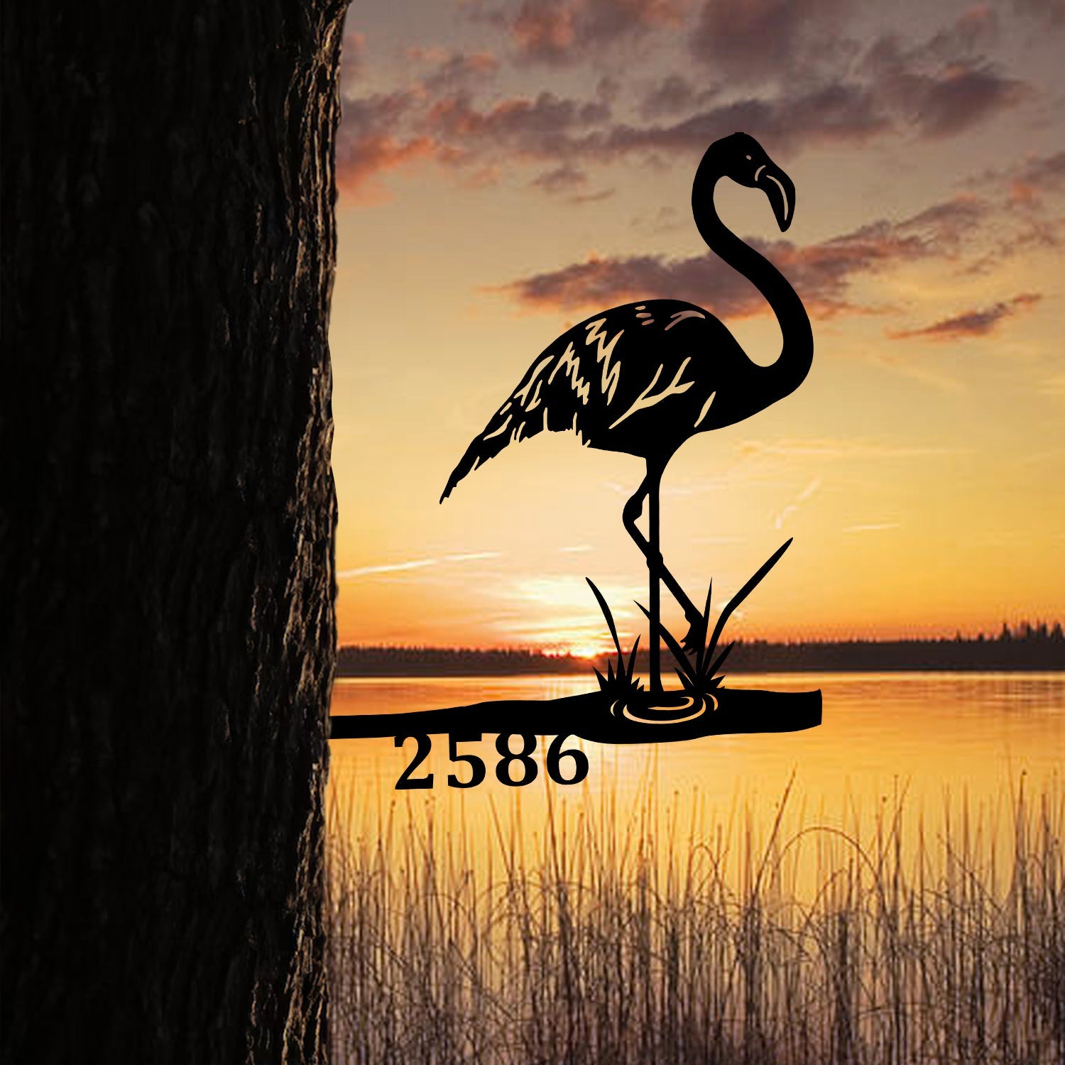 Customized Address Number Flamingo Metal Tree Stake, Metal Garden Art