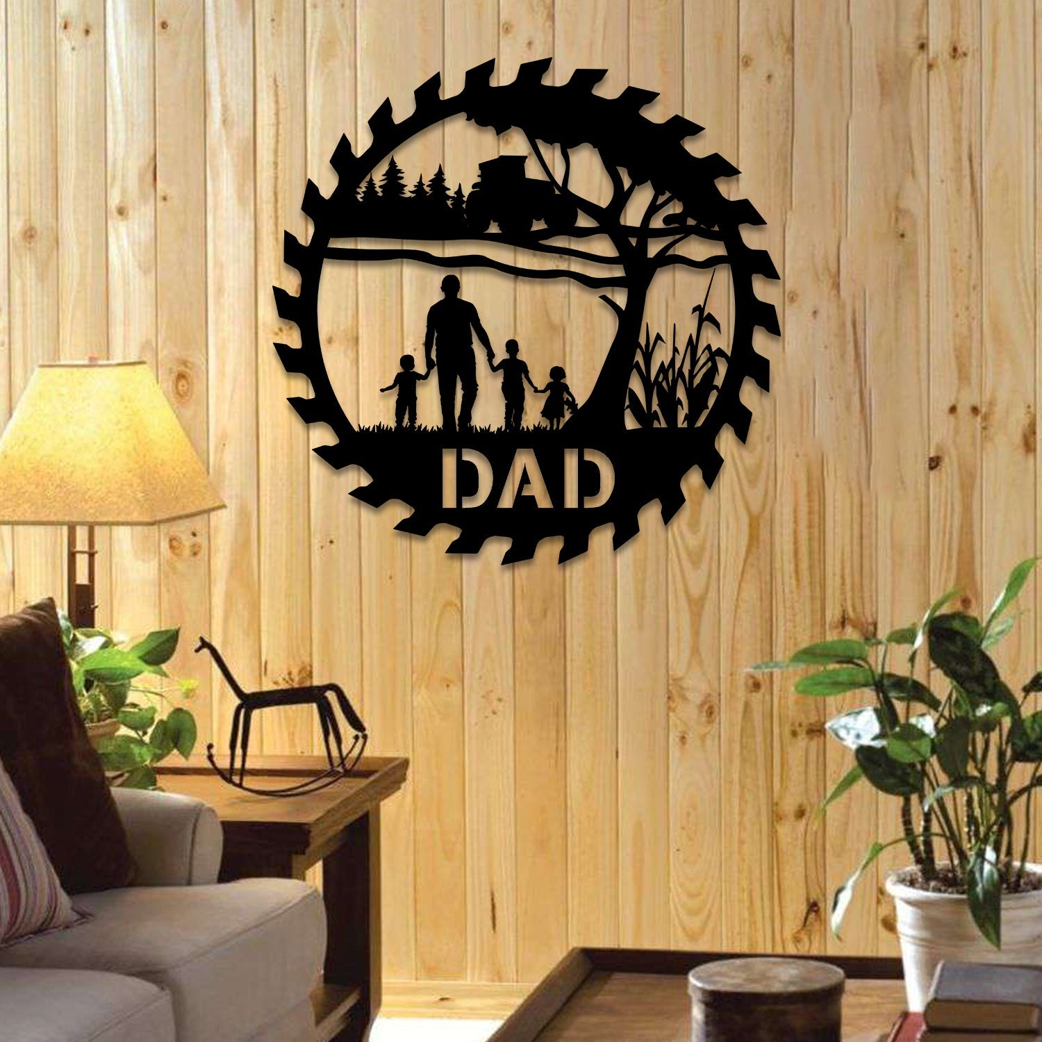 Custom Farmer Dad And Three Kids Hanging Out Metal Sign