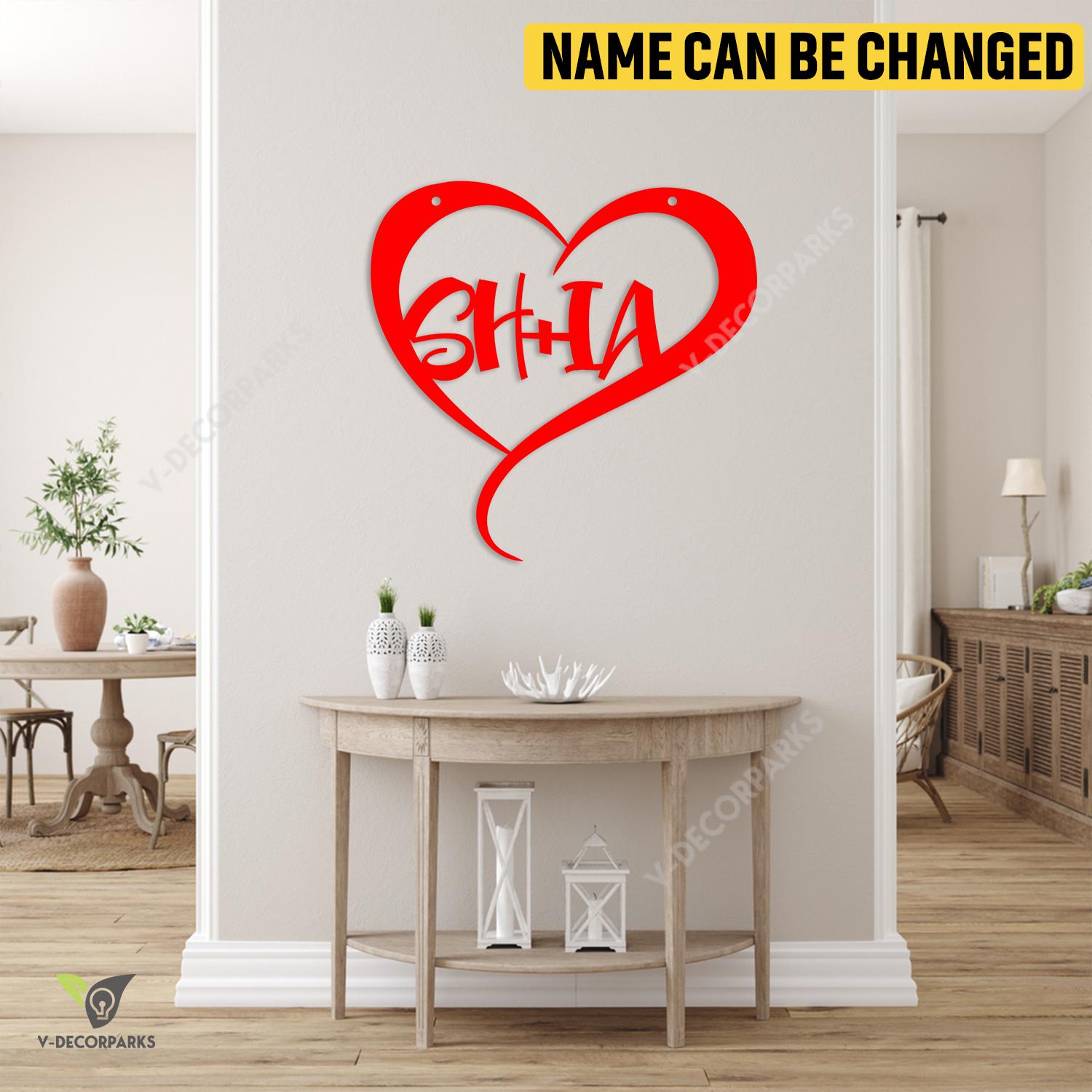 Custom Couple Name Red Heart Metal Art, Housewarming Bedroom Decor