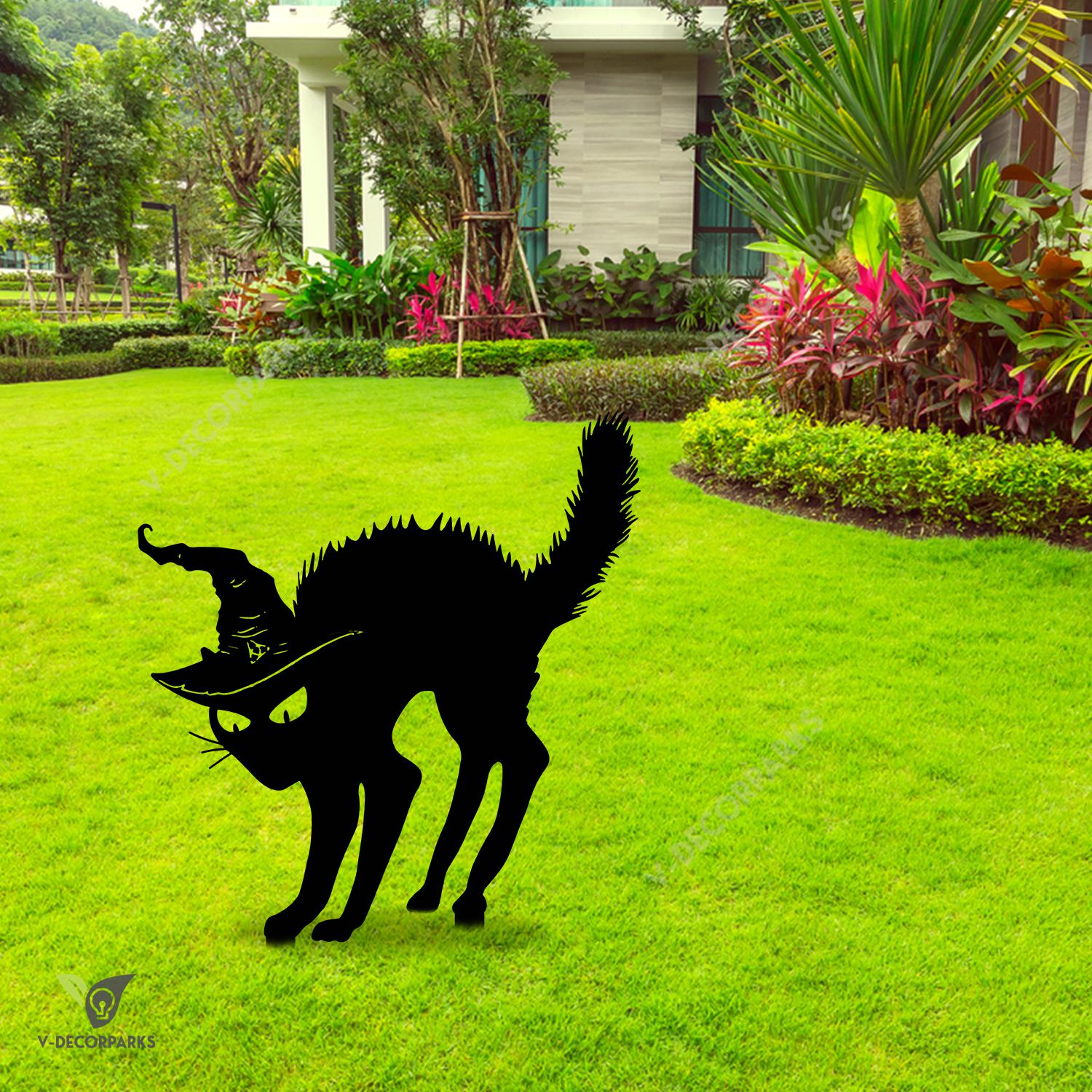 Spooky Black Cat Wearing Witch Hat Metal Garden Decoration, Halloween Welded Decor Idea