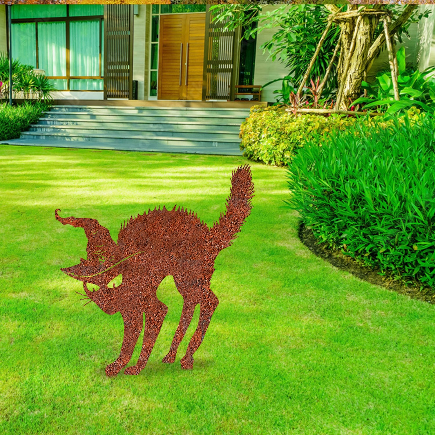 Rusty Spooky Cat Witch Hat Metal Garden Art, Halloween Laser Cut Yard Stake