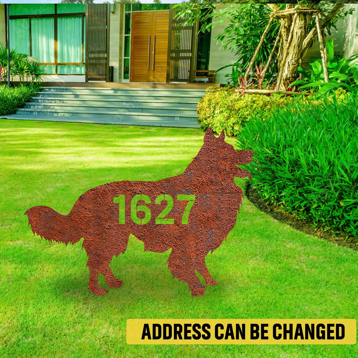 Custom Address Number Border Collie Dog Rusted Metal Garden Decoration, Border Collie Housewarming Stake