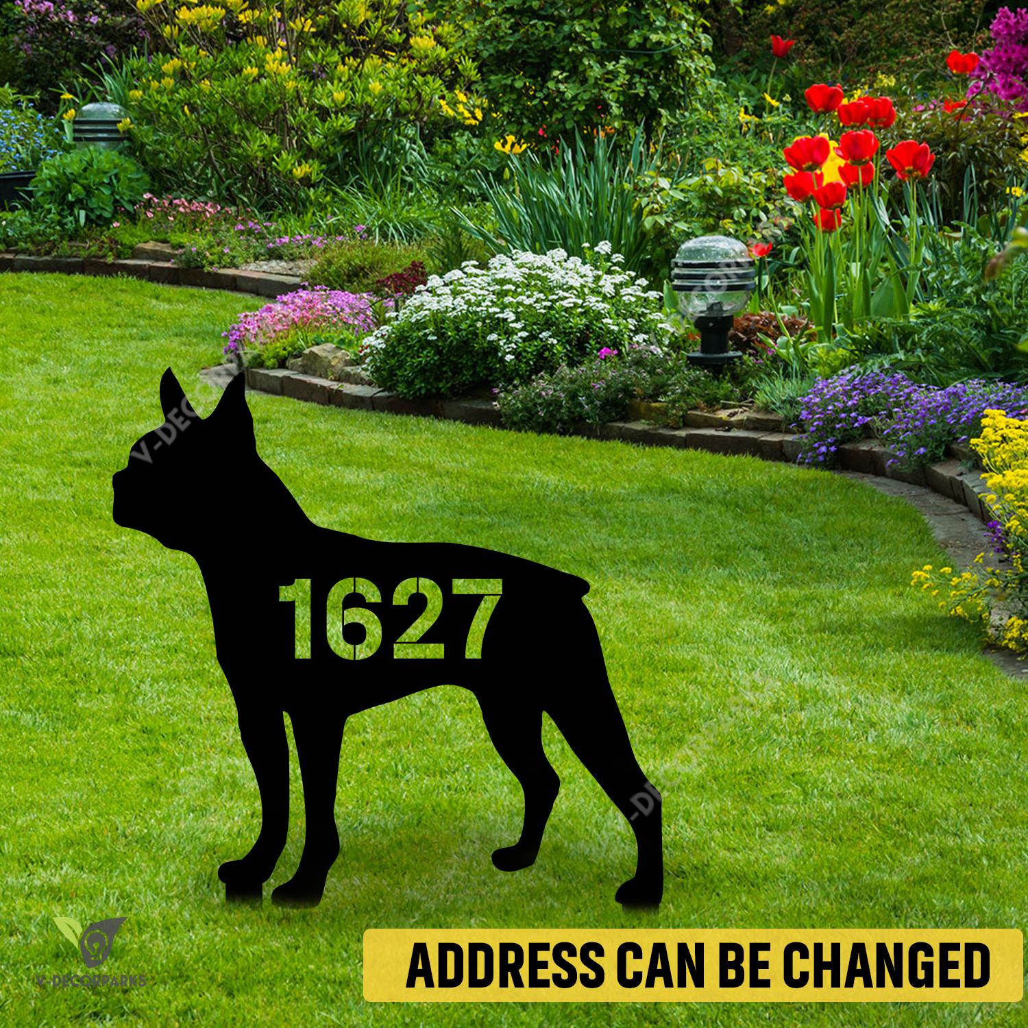 Personalized Address Number Boston Terrier Dog Metal Garden Decor, Boston Terrier Housewarming Stake