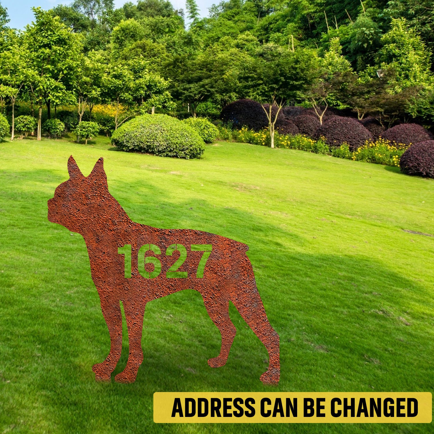 Personalized Address Number Boston Terrier Dog Rusted Metal Garden Decor, Boston Terrier Yard Stake