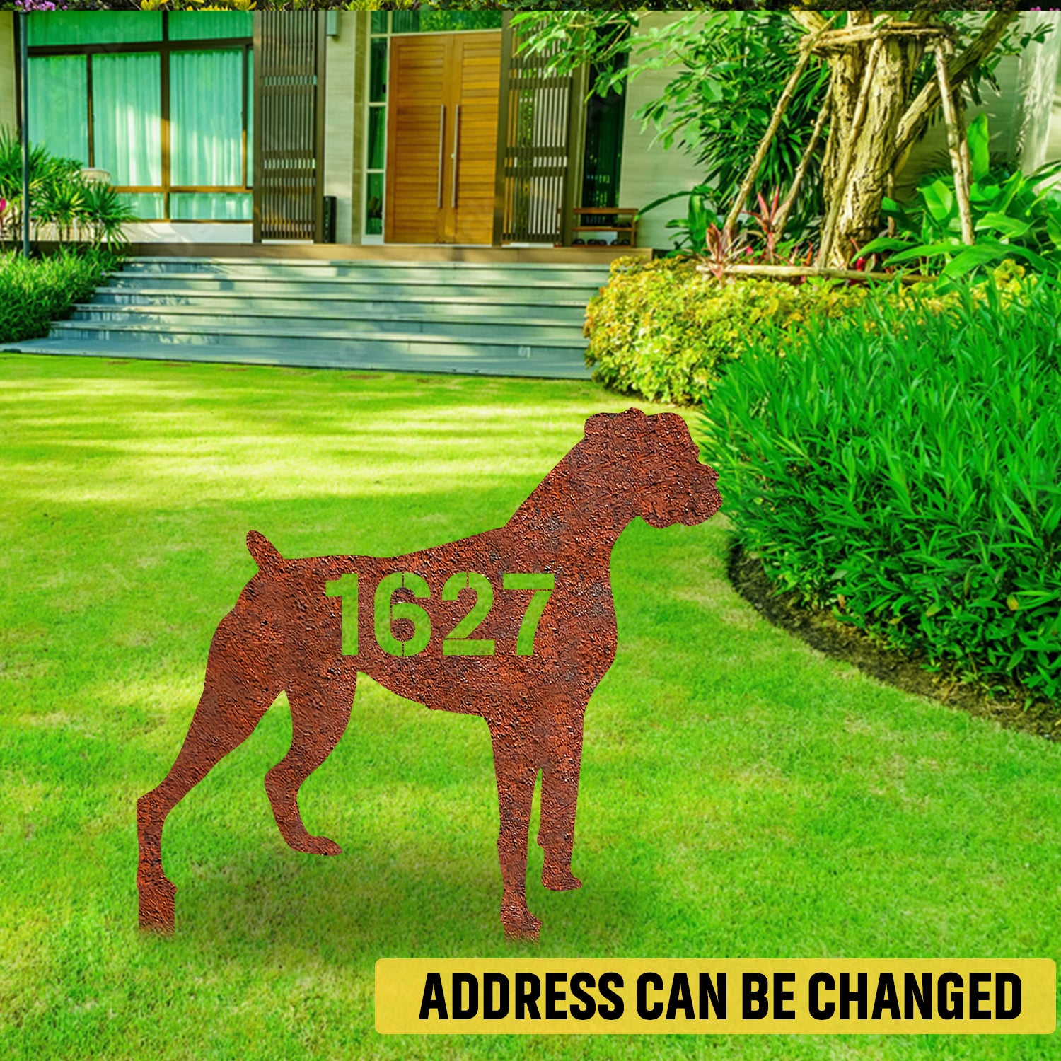 Customized Address Boxer Dog Rustic Metal Garden Art, Boxer Puppy Welded Stake