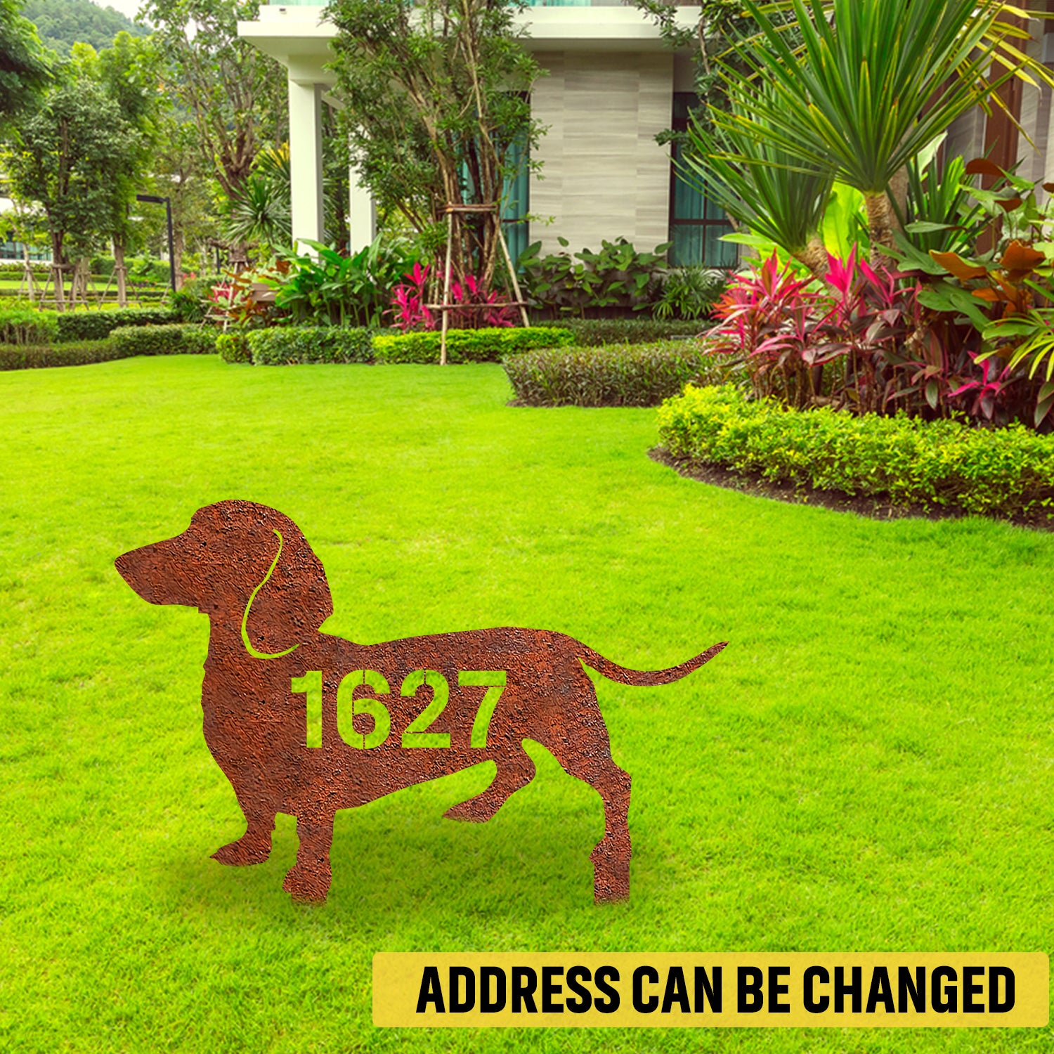 Custom Address Dachshund Dog Rustic Metal Garden Art, Dachshund, Wiener Dog Iron Yard Accent