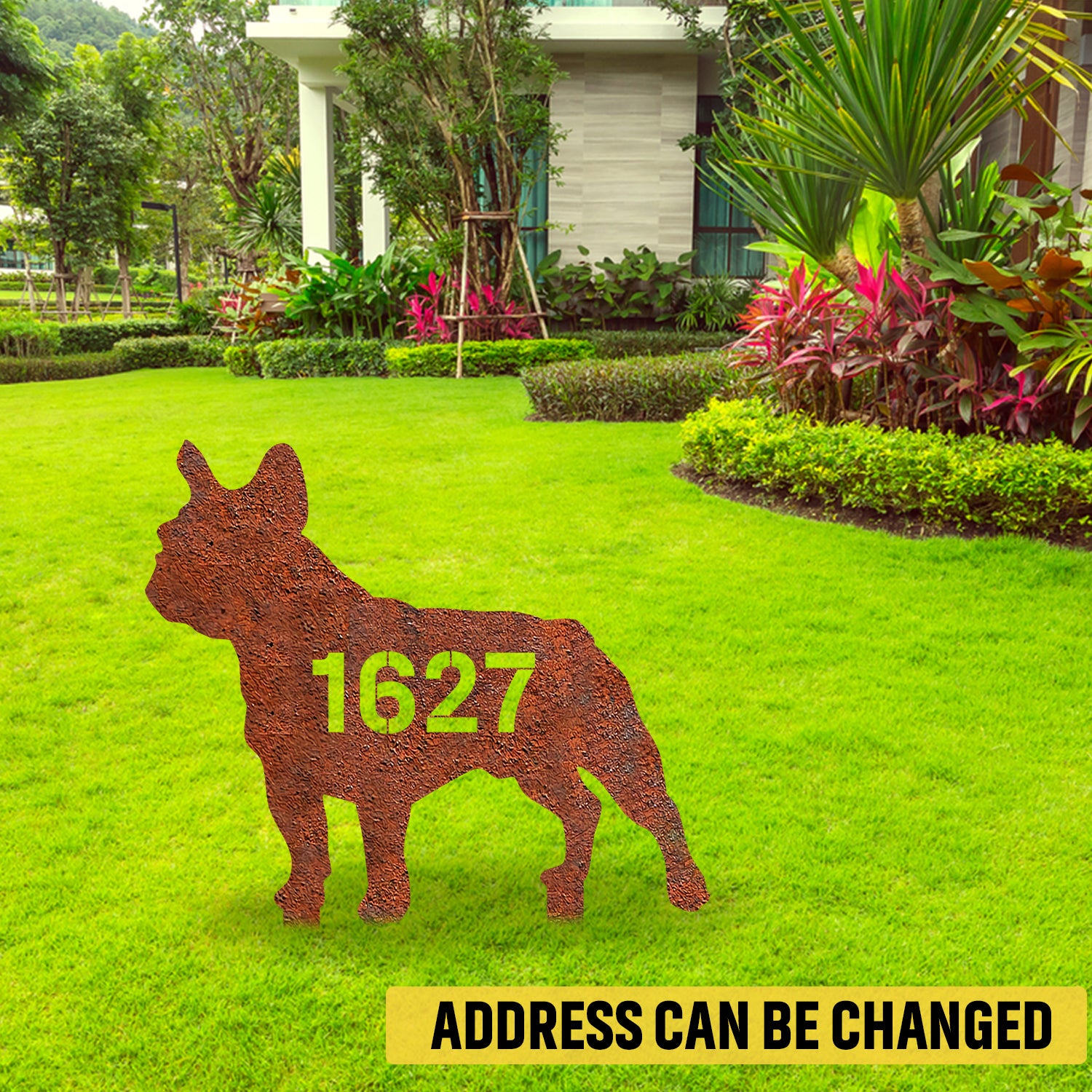 Customized Address Number French Bulldog Rusted Metal Garden Decoration, French Bulldog, Frenchies Cutout Artwork