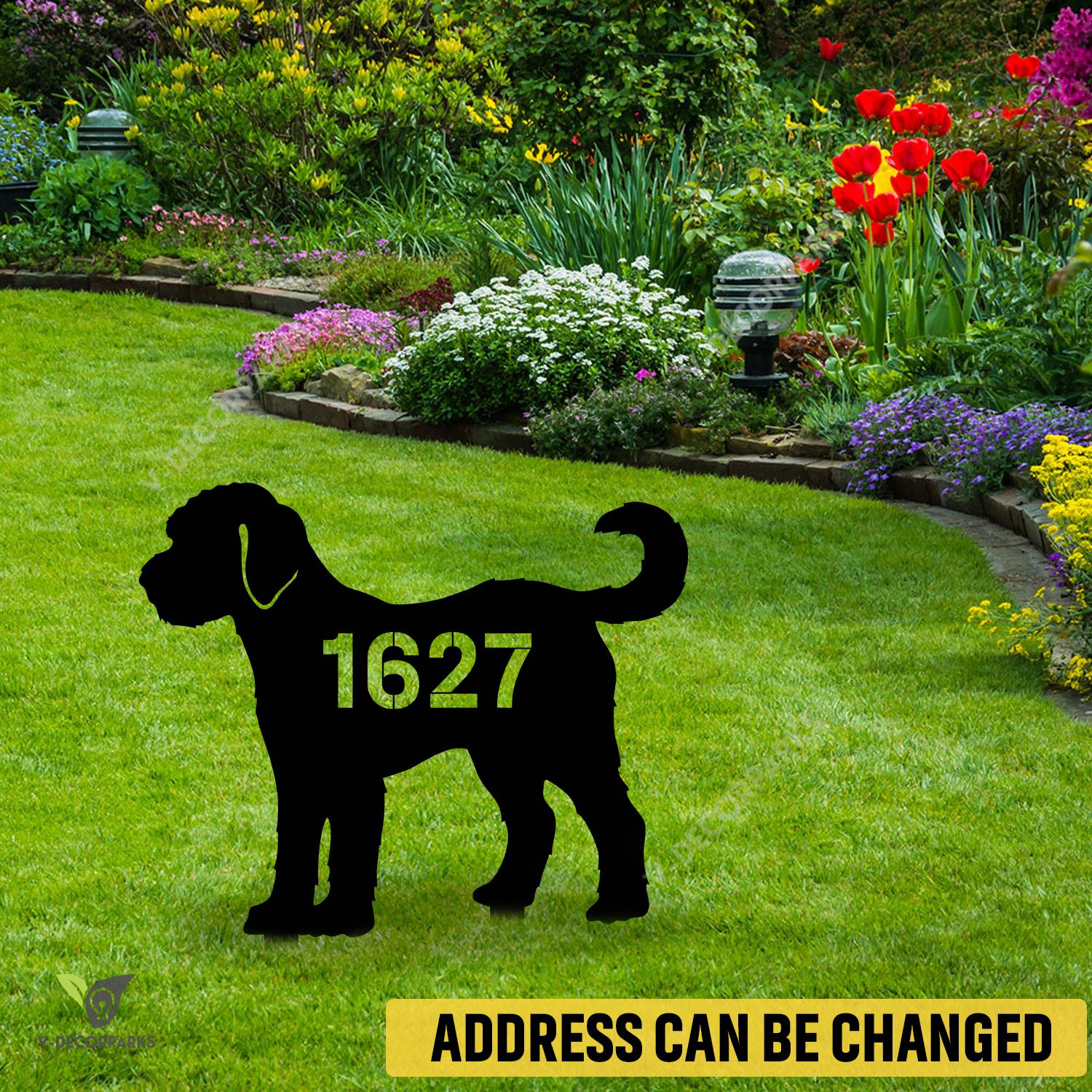 Customized Address Goldendoodle Dog Metal Garden Sign, Goldendoodle Monogram Accent