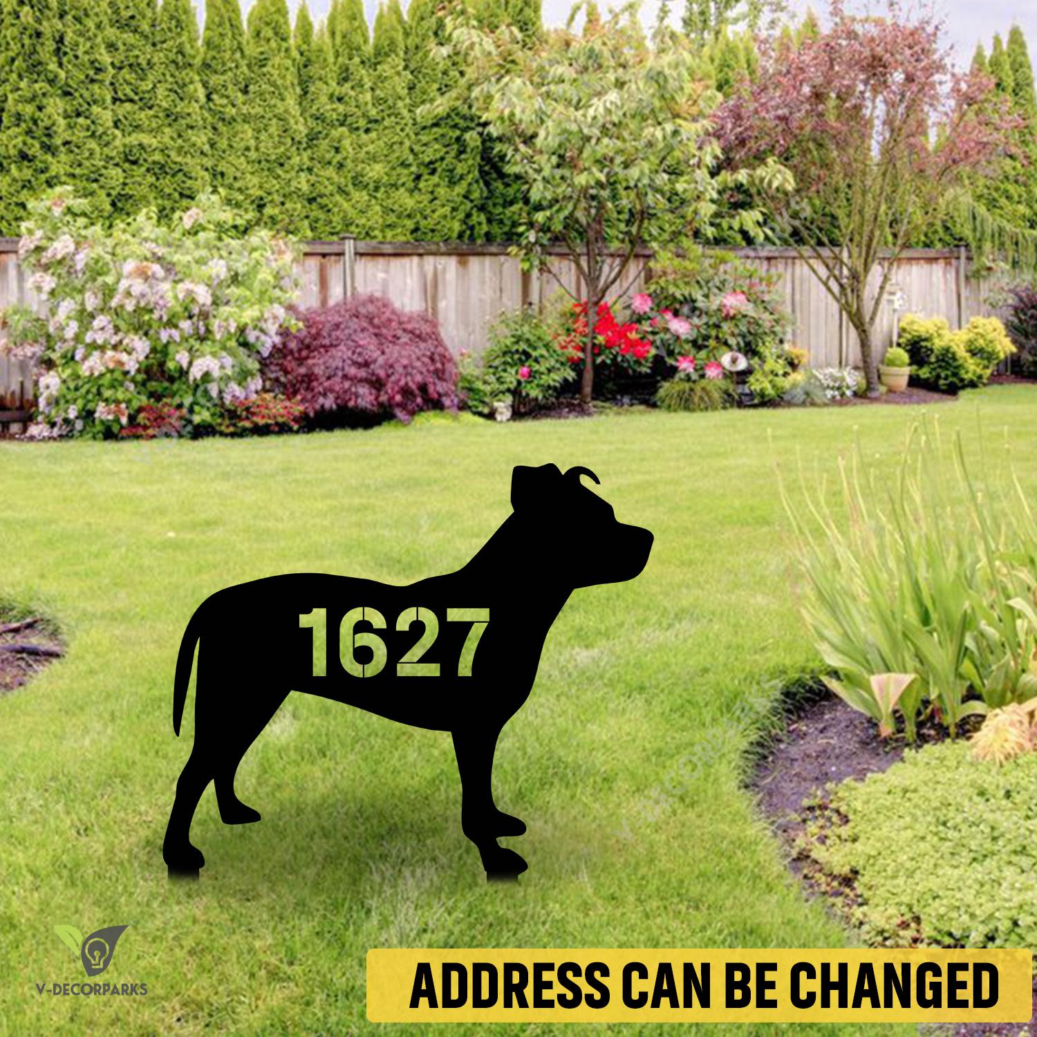 Custom Address Number American Pit Bull Dog Metal Garden Sign, Staffordshire Bull Terrier Yard Sign