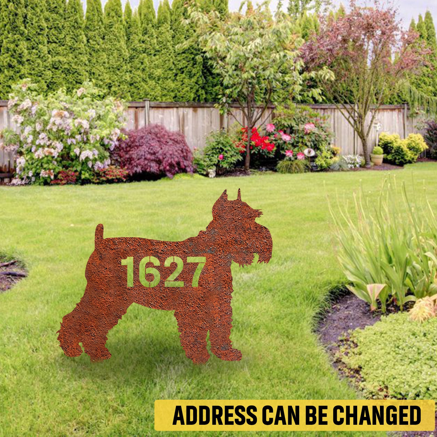 Custom Address Number Miniature Schnauzer Dog Rusty Metal Garden Art, Miniature, Standard Schanauzer Plasma Cut Accent