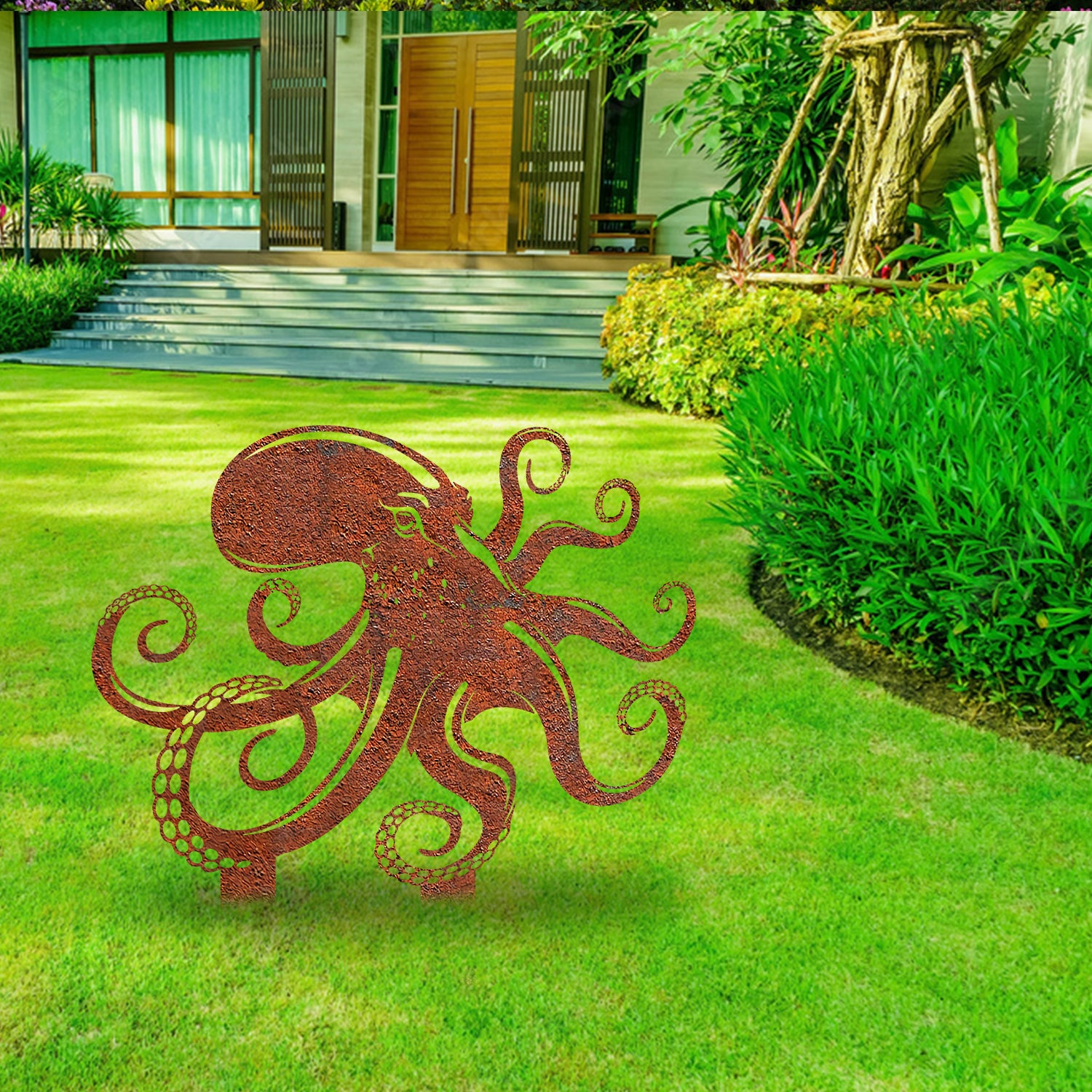 Rusty Octopus Metal Garden Decor, Octopus Outer Accent For Fishermen